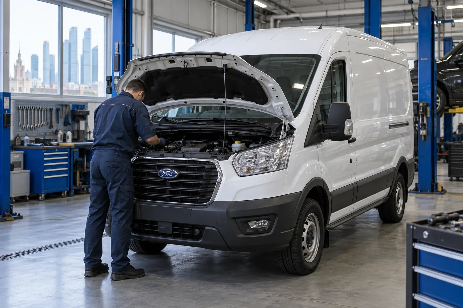 Мастер обслуживает Ford Transit в сервисной зоне ФМ-АВТО
